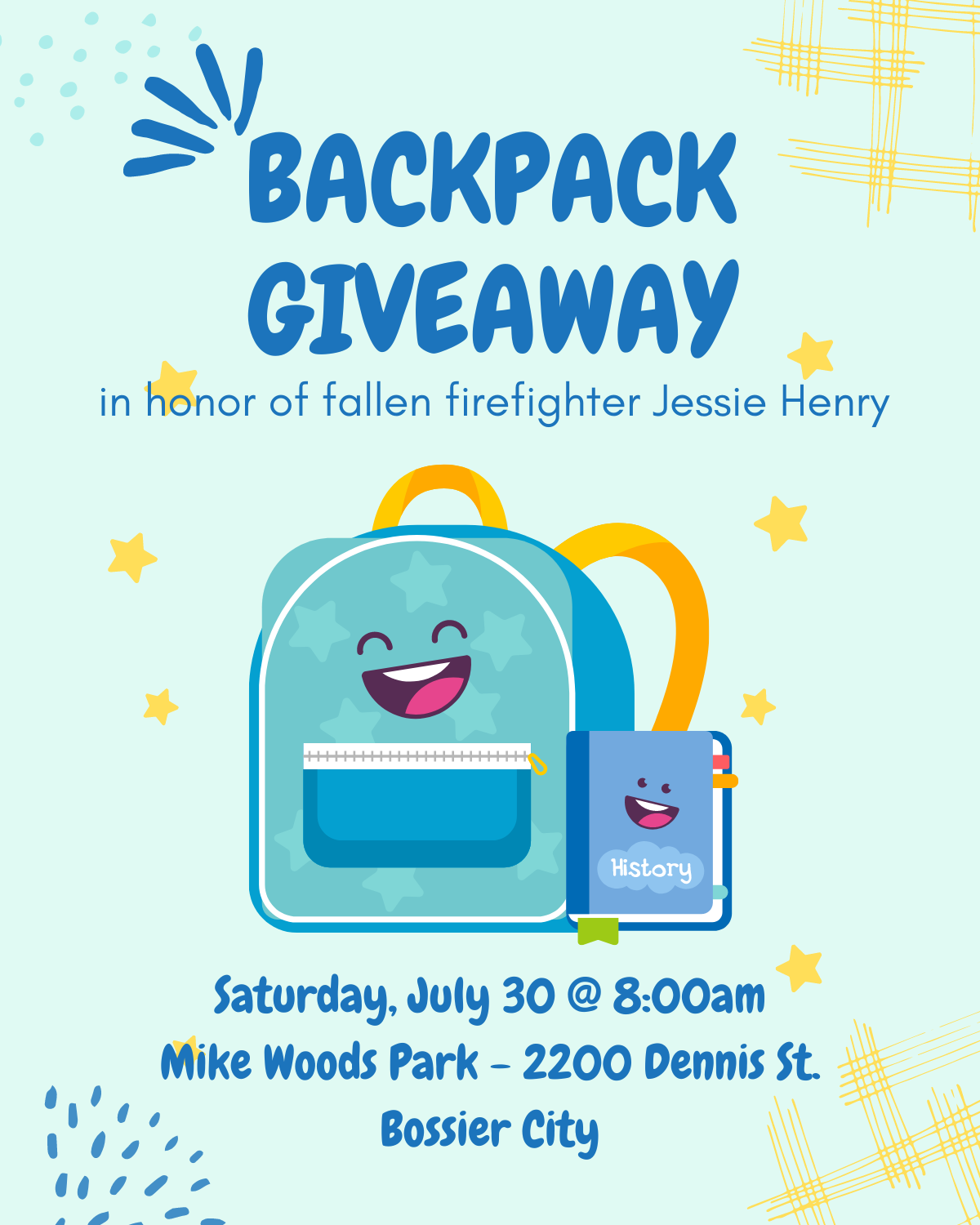 Backpack giveaway is happening tomorrow morning in Bossier, registration is encouraged